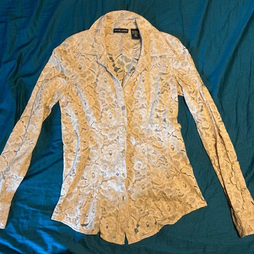 New York and Company button up long sleeve lace top in size XS.